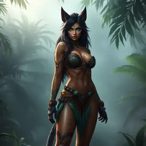 Nidalee, the seductive huntress, stands confidently in a misty jungle clearing. Her body is a perfect blend of human and feline, with sleek muscles and a graceful posture. She wears a revealing, tribal-inspired outfit adorned with feathers and beads, and her eyes are a mesmerizing shade of emerald. The air around her shimmers with an otherworldly energy.