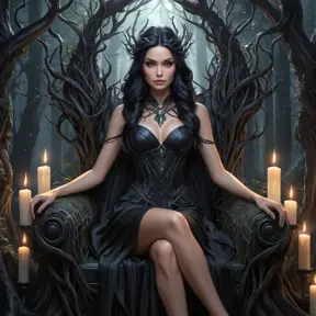 A stunning witch with raven-black hair and alabaster skin, sitting on a throne made of twisted roots in a dark, enchanted forest, surrounded by floating candles and glowing crystals