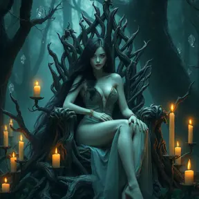 A stunning witch with raven-black hair and alabaster skin, sitting on a throne made of twisted roots in a dark, enchanted forest, surrounded by floating candles and glowing crystals