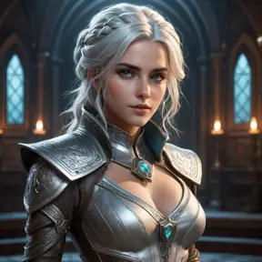 A seductive Ciri, in a daring, yet elegant outfit that combines elements of medieval and futuristic fashion. She stands in a high-tech, yet ancient-looking chamber, with holographic displays and ancient runes glowing around her. Her hair is a mix of silver and dark strands, and her eyes, filled with a blend of wisdom and seduction, lock onto the viewer.