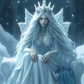 An ethereal Ice Queen seated on a throne of ice, her skin pale as snow, eyes glowing with a cold, blue light, her hair flowing like a cascade of frozen silver, with icicles hanging from her crown and a frosty aura emanating from her presence.