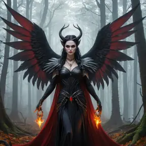 Morgana is portrayed in a dense, fog-covered forest, her form partially obscured by the mist. Her wings are partially unfurled, casting long, eerie shadows on the ground. Her eyes are a fiery, malevolent red, and her chains rattle ominously in the silence of the forest.