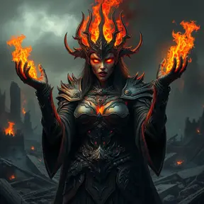 A Fire Sorceress stands in the midst of a ruined city, her power having laid waste to everything around her. Her eyes are pits of swirling fire, and her voice is a deep, rumbling growl that echoes through the air. She wears a crown of twisted, burning metal, and her armor is made of blackened, scorched steel. Flames lick at her fingertips as she raises her hands, ready to unleash another wave of destruction upon the world.