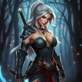 Ciri, the White Wolf, in a sultry, warrior-like pose, clad in a revealing yet practical armor that highlights her athletic build. Her hair is styled in a sleek, high ponytail, and she wields a glowing, enchanted sword. The background is a mystical forest at twilight, with ethereal lights dancing around her.