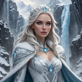 A powerful Ice Queen commanding a blizzard, her form towering and imposing, clad in a flowing robe of ice and snow, her eyes piercing through the storm, with snow-covered mountains and a frozen waterfall in the background.