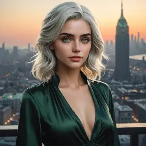 Ciri, exuding an air of mystery and allure, wearing a modern, yet timeless black dress that clings to her every curve. Her hair is styled in loose, beachy waves, and she stands in a sleek, urban penthouse with floor-to-ceiling windows offering a view of a bustling city at night. Her eyes, a striking green, hold a hint of mischief.