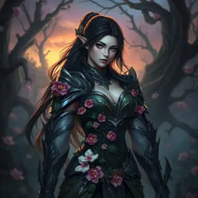 Irelia, the graceful warrior, is depicted in a serene yet foreboding forest at twilight. Her form is a blend of elegance and menace, with vines and flowers intertwining with her armor, yet her eyes hold a cold, determined stare. The background is a mix of soft, glowing flora and twisted, shadowy trees.