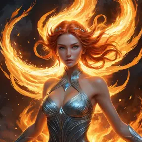 A Fire Sorceress floats above a sea of fire, her body surrounded by a halo of intense, white-hot flames. Her eyes are closed, and her expression is one of serene, terrifying power. Below her, the flames churn and twist, forming into the shapes of monstrous creatures that writhe and snap at the air. The heat is so intense that the very air shimmers and distorts around her, making her seem like a being from another world, one of pure, unstoppable fire.