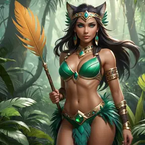 Nidalee, the seductive huntress, stands confidently in a misty jungle clearing. Her body is a perfect blend of human and feline, with sleek muscles and a graceful posture. She wears a revealing, tribal-inspired outfit adorned with feathers and beads, and her eyes are a mesmerizing shade of emerald. The air around her shimmers with an otherworldly energy.