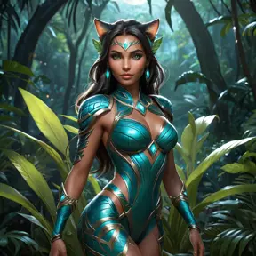 A captivating Nidalee, her feline form exuding an aura of primal allure, stands in a moonlit jungle clearing. She is dressed in a sleek, form-fitting outfit that highlights her exotic beauty, with intricate tribal patterns adorning her skin. Her eyes glow with a mysterious light, and the background is a lush, tropical forest with bioluminescent plants casting a soft, ethereal glow.