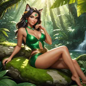 A sultry Nidalee lounges on a moss-covered rock, her feline tail curling seductively around her legs. She is dressed in a revealing, jungle-themed outfit that highlights her exotic beauty. The background is a vibrant, sun-dappled forest with rays of light filtering through the leaves, creating a dreamy, enchanted atmosphere.