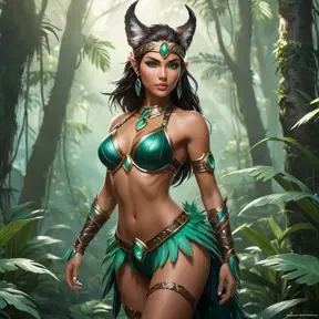 Nidalee, the seductive huntress, stands confidently in a misty jungle clearing. Her body is a perfect blend of human and feline, with sleek muscles and a graceful posture. She wears a revealing, tribal-inspired outfit adorned with feathers and beads, and her eyes are a mesmerizing shade of emerald. The air around her shimmers with an otherworldly energy.