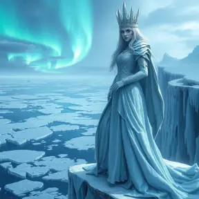 A regal Ice Queen standing at the edge of an icy cliff, her presence commanding and serene, dressed in a gown of frost and snow, her crown adorned with icy spikes, with a vast, frozen ocean stretching out beneath her and a distant aurora illuminating the sky.