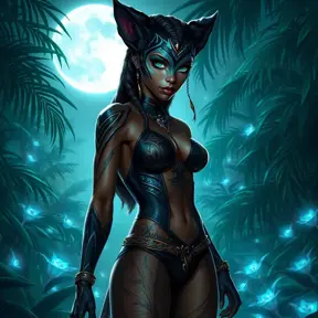 A captivating Nidalee, her feline form exuding an aura of primal allure, stands in a moonlit jungle clearing. She is dressed in a sleek, form-fitting outfit that highlights her exotic beauty, with intricate tribal patterns adorning her skin. Her eyes glow with a mysterious light, and the background is a lush, tropical forest with bioluminescent plants casting a soft, ethereal glow.