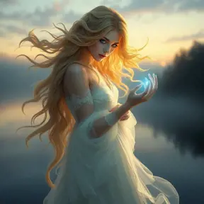 A ethereal witch with hair like spun gold and eyes that shimmer like the ocean, floating above a tranquil lake at dawn, her dress made of mist and her hands glowing with soft, blue light