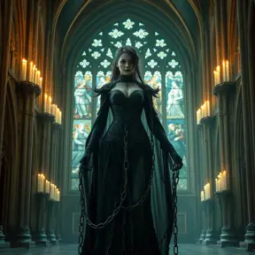 Morgana is shown in a grand, ancient cathedral, her presence both beautiful and terrifying. The stained glass windows behind her depict scenes of torment and despair, and her form is illuminated by the eerie, flickering light of candles. Her chains are wrapped around the pillars, binding them with an unbreakable force.