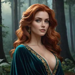 Triss Merigold in a luxurious, velvet robe that clings to her curves, her hair cascading in loose waves, standing in a moonlit forest with mist swirling around her, her expression both enchanting and enigmatic.