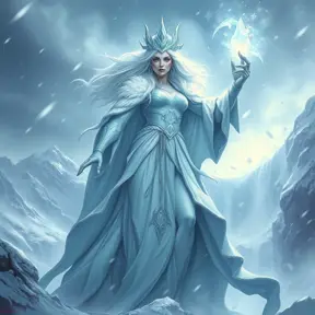 A powerful Ice Queen commanding a blizzard, her form towering and imposing, clad in a flowing robe of ice and snow, her eyes piercing through the storm, with snow-covered mountains and a frozen waterfall in the background.