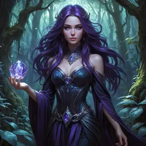 A mysterious witch with deep violet eyes and hair that cascades like a waterfall of ink, standing in a hidden glade filled with bioluminescent plants, her staff topped with a glowing crystal that pulses with ancient magic