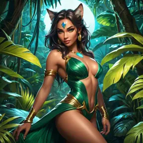 A seductive Nidalee, her feline form exuding an aura of primal allure, draped in a sleek, form-fitting jungle outfit that accentuates her curves. Her piercing eyes glow with a mysterious light, and her hair flows like liquid gold in the moonlight. The background is a lush, tropical forest with bioluminescent plants casting a soft, ethereal glow.