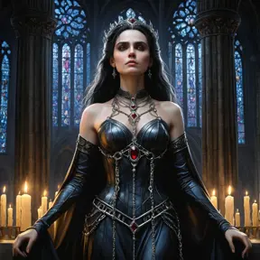 Morgana is shown in a grand, ancient cathedral, her presence both beautiful and terrifying. The stained glass windows behind her depict scenes of torment and despair, and her form is illuminated by the eerie, flickering light of candles. Her chains are wrapped around the pillars, binding them with an unbreakable force.