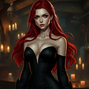 A seductive Triss Merigold with flowing red hair, dressed in a form-fitting, deep-cut black dress, standing in a dimly lit tavern with flickering candlelight casting shadows on her face, her eyes smoldering with a mix of mystery and allure.