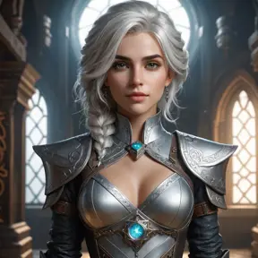 A seductive Ciri, in a daring, yet elegant outfit that combines elements of medieval and futuristic fashion. She stands in a high-tech, yet ancient-looking chamber, with holographic displays and ancient runes glowing around her. Her hair is a mix of silver and dark strands, and her eyes, filled with a blend of wisdom and seduction, lock onto the viewer.