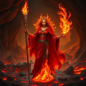 A Fire Sorceress stands in a cavern filled with molten rock and rivers of lava, her presence causing the temperature to rise to unbearable levels. Her skin is a deep, fiery red, and her eyes are like two burning coals. She wears a cloak made of living flames that shift and change shape as she moves. In her hand, she holds a staff that crackles with energy, and as she raises it, the lava around her begins to bubble and surge, as if responding to her command.