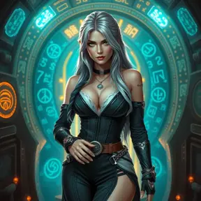 A seductive Ciri, in a daring, yet elegant outfit that combines elements of medieval and futuristic fashion. She stands in a high-tech, yet ancient-looking chamber, with holographic displays and ancient runes glowing around her. Her hair is a mix of silver and dark strands, and her eyes, filled with a blend of wisdom and seduction, lock onto the viewer.