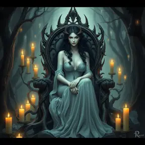 A stunning witch with raven-black hair and alabaster skin, sitting on a throne made of twisted roots in a dark, enchanted forest, surrounded by floating candles and glowing crystals