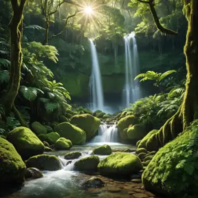 A cascading waterfall surrounded by lush, emerald-green rainforest, with sunlight filtering through the dense canopy, casting dappled shadows on the moss-covered rocks below.