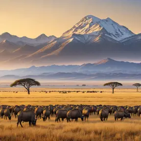 A panoramic view of a vast, golden savannah at dawn, with herds of wildlife grazing and a distant, snow-capped mountain range on the horizon.