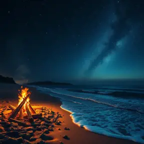 Beneath a sky filled with twinkling stars, a bonfire crackles on a secluded beach, waves gently lapping at the shore. (Night sky, campfire, ocean, serene)
