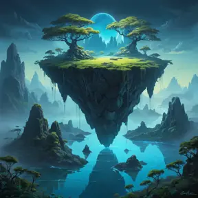 A surreal, otherworldly landscape with floating islands of rock and vegetation, suspended in a misty, twilight sky, with bioluminescent plants glowing softly.