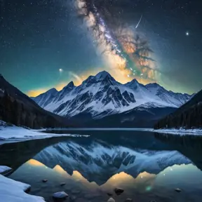 A snow-covered mountain range under a clear, starry night sky, with the Milky Way visible in the background and a frozen lake reflecting the celestial beauty.