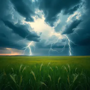 A vast, open prairie under a dramatic thunderstorm, with lightning bolts illuminating the dark clouds and the tall grass swaying in the strong winds.