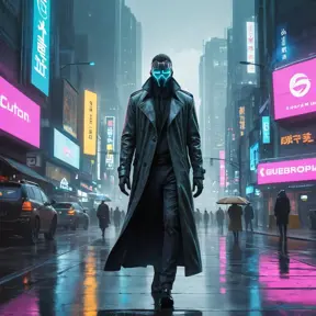 A towering, neon-drenched cyberpunk city, with holographic billboards advertising illicit services and flying vehicles weaving through the smog-filled sky. In the foreground, a lone figure in a trench coat walks down a rain-slicked street, their face obscured by a glowing cybernetic mask.