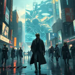 A cyberpunk cityscape, a giant holographic advertisement for a virtual reality game dominates the skyline, people wearing VR headsets walk down the street, their eyes glazed over, a lone figure in a trench coat walks past, a look of defiance on their face.