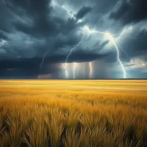A vast, open prairie under a dramatic thunderstorm, with lightning bolts illuminating the dark clouds and the tall grass swaying in the strong winds.