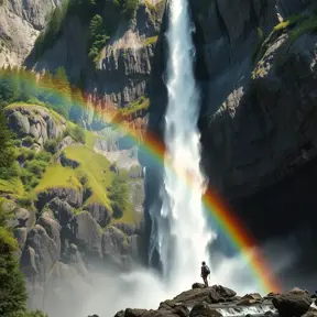 A majestic waterfall cascading down a sheer cliff face, sunlight illuminating the mist, creating a rainbow. Lush ferns and moss adorn the rocks, with a lone hiker silhouetted against the spray.