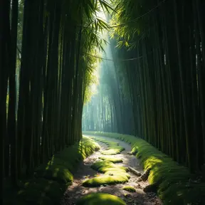 Deep within a bamboo forest, sunlight filters through the leaves, illuminating a moss-covered path. (Zen, meditation, green, ethereal)