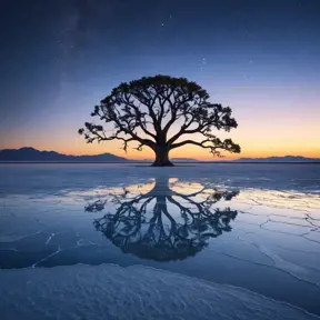 A lone, ancient tree silhouetted against a breathtaking sunset over a vast, reflective salt flat, stars beginning to appear in the deep blue sky, dreamlike and ethereal