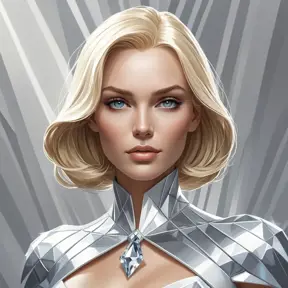 Emma Frost in diamond form, faceted skin sparkling, cold beauty, powerful stance, minimalist background, sharp lines, art deco inspiration, elegant