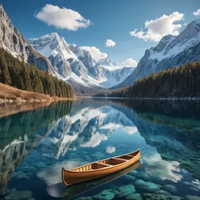 A serene lake nestled within a ring of snow-capped mountains, reflecting the azure sky and wispy clouds. A wooden canoe glides across the glassy surface, leaving a gentle ripple in its wake.