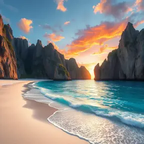 A pristine, white-sand beach with turquoise waters lapping at the shore, backed by towering, jagged cliffs and a vibrant, tropical sunset.