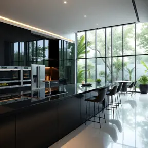 A futuristic kitchen with sleek, black cabinetry, stainless steel appliances, and a large island featuring a built-in induction cooktop and a breakfast bar with high-backed stools. A wall of windows overlooks a verdant garden.