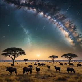 A vast, open savanna under a vast, star-filled sky, with herds of grazing animals silhouetted against the horizon, and the Milky Way stretching across the heavens.