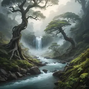 A mystical, fog-covered valley with ancient, twisted trees and a hidden, sparkling river that winds through the mist, revealing hidden waterfalls.