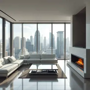 A minimalist living room with a large, panoramic window overlooking a bustling city skyline. Sunlight streams through the window, illuminating a white leather sofa, a sleek coffee table made of polished chrome, and a modern fireplace with a glowing fire.
