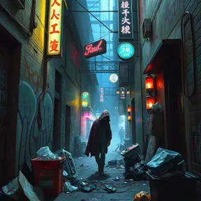 A decaying cyberpunk alleyway, graffiti-covered walls illuminated by flickering neon signs, a lone figure in a hooded cloak sifting through trash, the air thick with the smell of ozone and decay.
